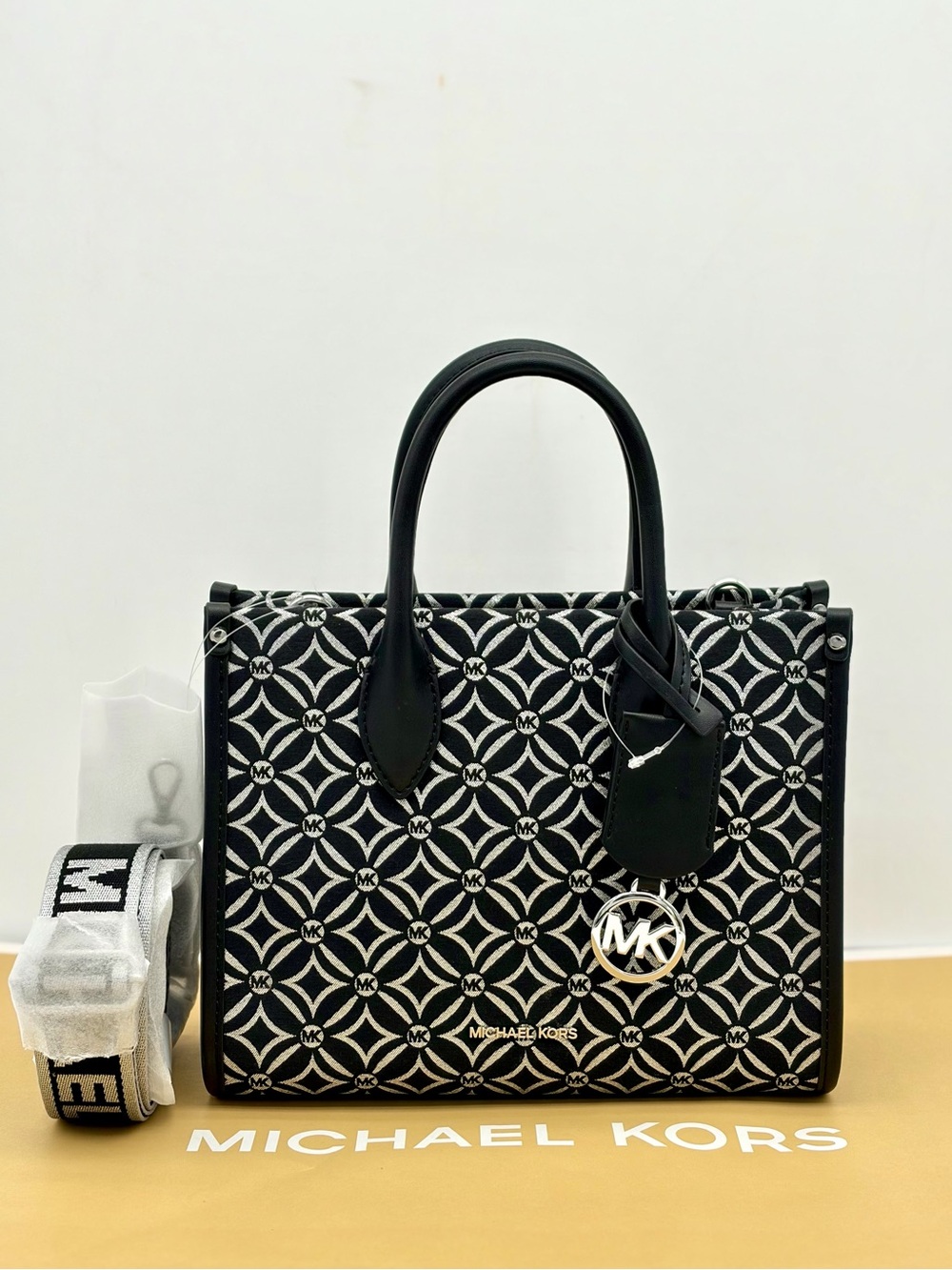 Michael Kors Mirella Small Metallic Logo Jacquard Crossbody Bag Black/Silver - Picture 4 of 12